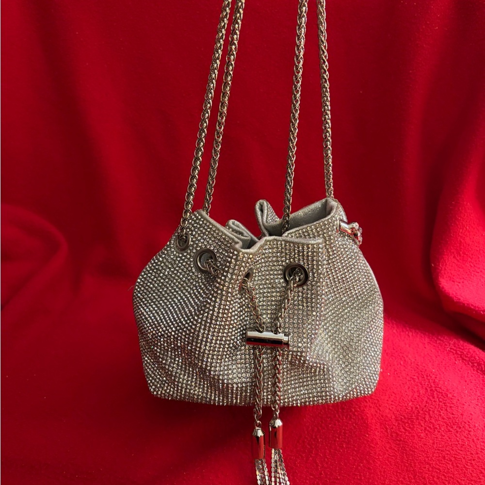 Silver Rhinestones Drawstring Mini Bucket Bag - Picture 8 of 8